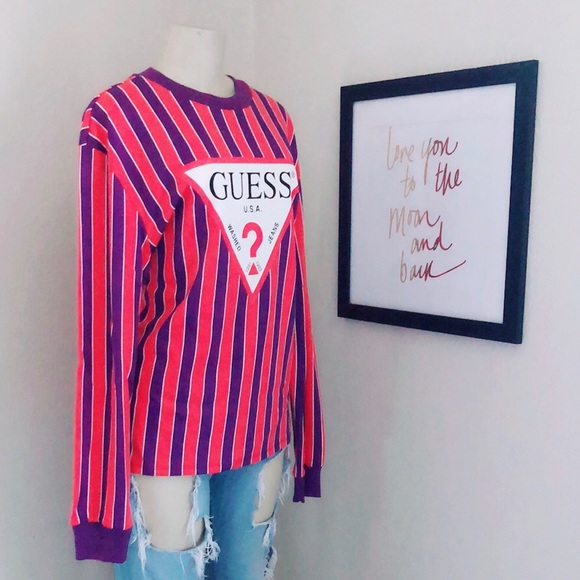 red and purple guess shirt